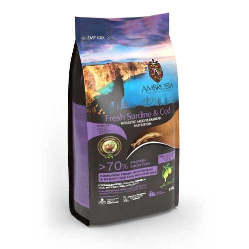 Ambrosia Mediterranean Diet Grain Free Senior Light & Sterilized Fresh Sardine-Cod 1.5kg